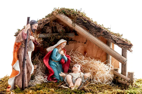 Weihnachtskrippe Hütte Mit Jesuskind Der Krippe Mit Maria Und Josep — Stockfoto