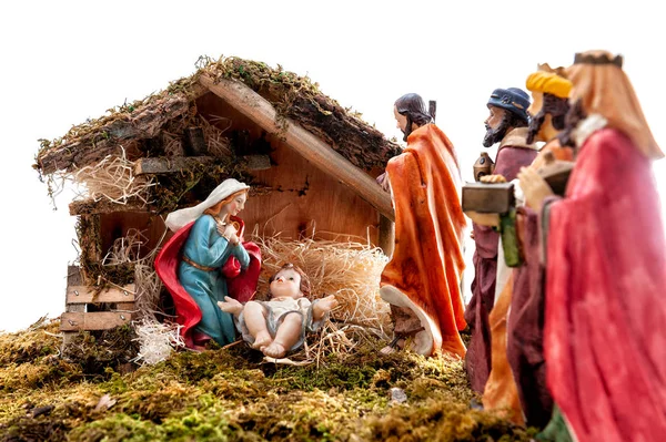 Christmas Nativity Scene Hut Baby Jesus Manger Mary Joseph Three — Stock Photo, Image