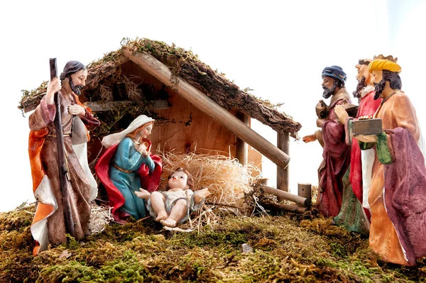 Christmas Nativity Scene Hut Baby Jesus Manger Mary Joseph Three — Stock Photo, Image