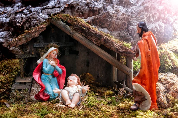 Primer Plano Del Belén Navidad Cabaña Con Niño Jesús Pesebre —  Fotos de Stock