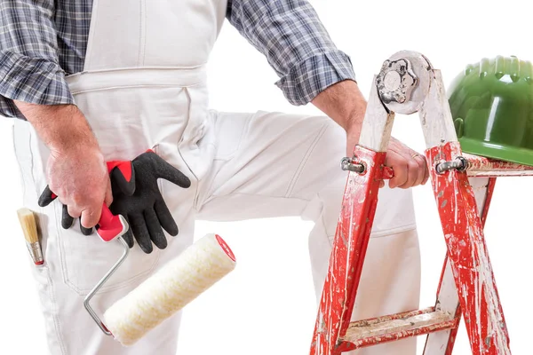 House Painter Worker Ladder White Work Overalls Keeps Roller Paint — Stock Photo, Image