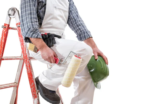 Huisschilder Werknemer Ladder Met Wit Werk Overalls Houdt Rol Schilderen — Stockfoto