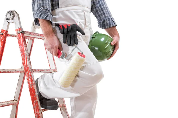 Trabajador Pintor Casa Escalera Con Overoles Trabajo Blanco Mantiene Rodillo — Foto de Stock