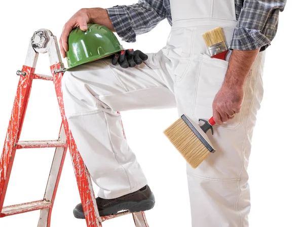 Huisschilder Werknemer Ladder Met Witte Werk Overalls Houdt Borstel Voor — Stockfoto