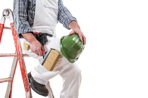 Trabajador Pintor Casa Escalera Con Overoles Trabajo Blanco Mantiene Pincel — Foto de Stock