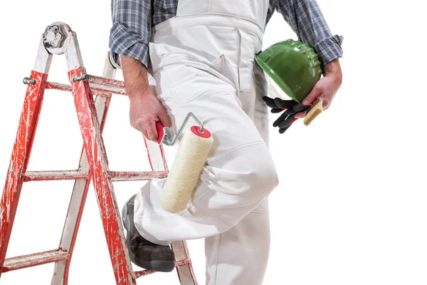 Huisschilder Werknemer Ladder Met Wit Werk Overalls Houdt Rol Schilderen — Stockfoto