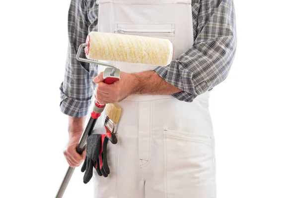Huisschilder Werknemer Met Wit Werk Overalls Houdt Zijn Hand Rol — Stockfoto