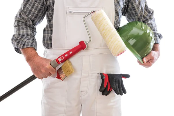 Husmålare Arbetare Med Vitt Arbetsoveraller Håller Sin Hand Rullen Att — Stockfoto