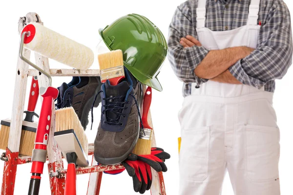 Werkgereedschap Veiligheidsuitrusting Voor Professionele Huisschilder Een Stevige Metalen Ladder Huisschilder — Stockfoto