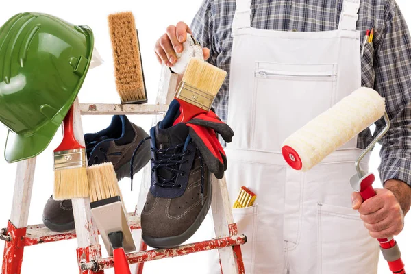 Werkgereedschap Veiligheidsuitrusting Voor Professionele Huisschilder Een Stevige Metalen Ladder Huisschilder — Stockfoto
