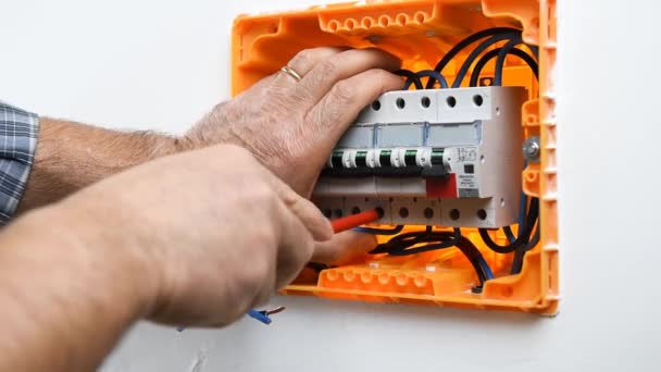 Vidéo des mains de l'électricien technicien qui insère et bloque le câble dans un disjoncteur dans le panneau électrique d'une installation résidentielle. Industrie du bâtiment .