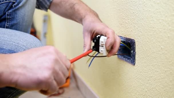 Technicien Électricien Travailleur Avec Tournevis Fixant Câble Électrique Borne Prise — Video