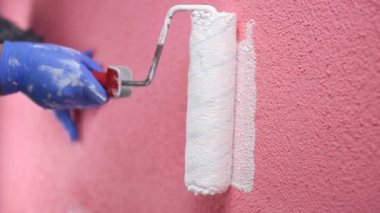 Beyaz Tulum içinde Kafkas ev ressam işçisi, rulo ile beyaz boya ile pembe duvar boyar. İnşaat endüstrisi. Görüntü.