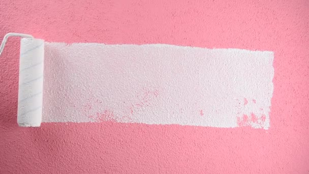 Λευκός Εργαζόμενος Ζωγράφος Σπίτι Λευκές Φόρμες Ρολό Ζωγραφίζει Ροζ Τοίχο — Αρχείο Βίντεο