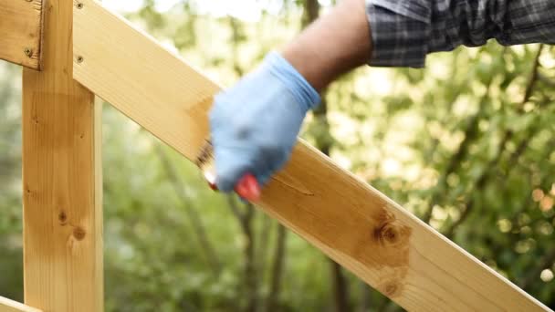 Falegname Artigiano Adulto Con Pennello Dipingere Tavole Una Recinzione Legno — Video Stock