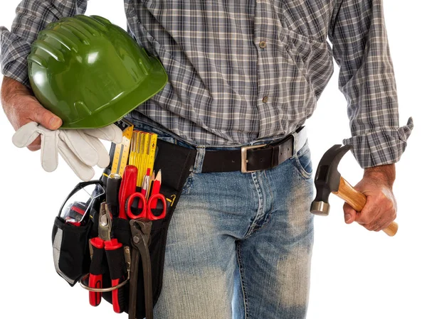 Carpenter with work tools on a white background. — 스톡 사진