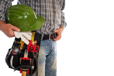 Beyaz arkaplan üzerinde çalışma araçları ile marangoz.