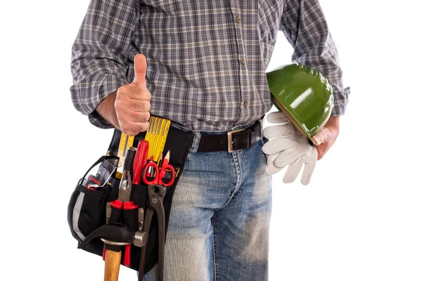 Carpintero con herramientas de trabajo sobre fondo blanco . — Foto de Stock