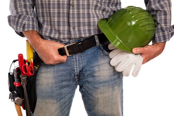 Carpenter with work tools on a white background. — 스톡 사진