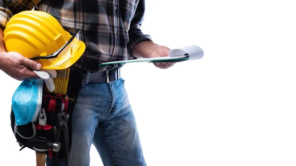 Timmerman Geïsoleerd Witte Achtergrond Met Een Helm Bril Lederen Handschoenen — Stockfoto