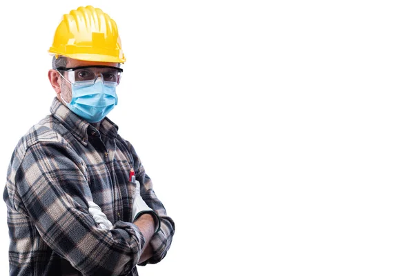 Carpenter Worker Isolated White Background Wears Helmet Goggles Leather Gloves Stock Image