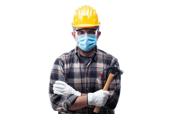 Carpenter Worker Isolated White Background Wears Helmet Goggles Leather Gloves Royalty Free Stock Photos