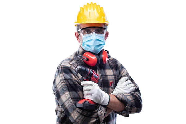 Carpenter Worker Isolated White Background Wears Helmet Goggles Leather Gloves Stock Photo