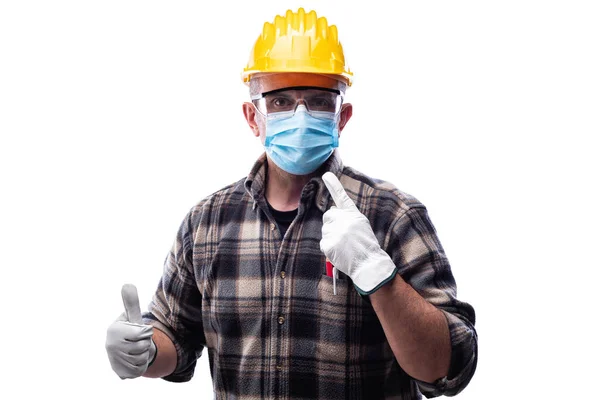Carpenter Worker Isolated White Background Wears Surgical Mask Prevent Coronavirus Royalty Free Stock Images