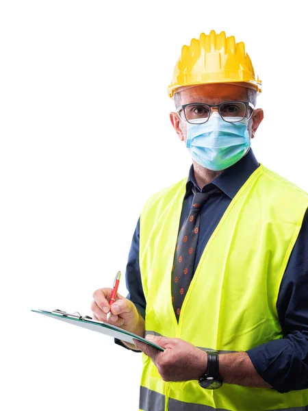 Engineer Isolated White Background Wears Surgical Mask Prevent Coronavirus Spread Stock Photo