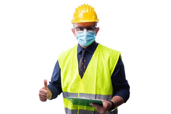 Μηχανικός Απομονώνονται Λευκό Φόντο Φοράει Χειρουργική Μάσκα Για Την Πρόληψη — Φωτογραφία Αρχείου
