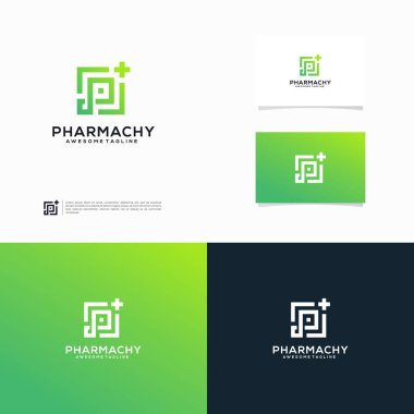 P harfi artı Kızıl Haç. Tıbbi eczane logosu modern şablonla birleşiyor.