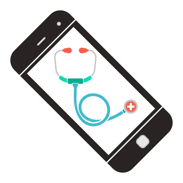 Arzt online. Smartphone mit Stethoskop. Web-medizinisches Hilfekonzept. Farbvektorillustration. — Stockvektor
