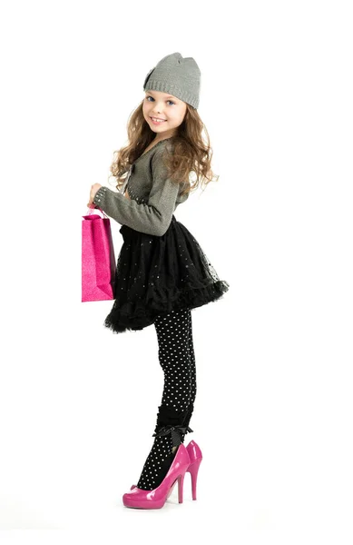 Beautiful Little Girl Fashionable Clothes Big Mom Shoes Posing White — Stock Photo, Image