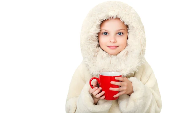 Όμορφο Κοριτσάκι Ένα Λευκό Ζεστό Γούνα Παλτό Ένα Κόκκινο Φλιτζάνι — Φωτογραφία Αρχείου