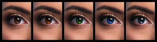 Set of  beautiful pairs of eyes with different colors (brown. hazel, blue, grey and green) and professional make-up. Lenses. Collection of smoky eye makeup with long false eyelashes. Close up, macro collage.