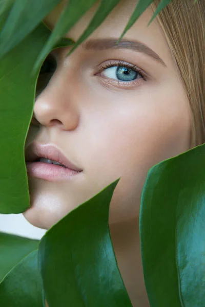 Piękna Młoda Kobieta Idealną Cerą Naturalnym Makijażem Liści Tropikalnych Twarz — Zdjęcie stockowe