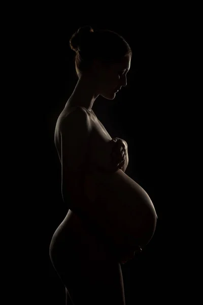 Bela Mulher Grávida Nua Cuidando Sua Barriga Expectativa Futura Mãe — Fotografia de Stock