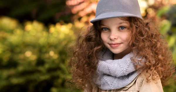 Portrait Little Cute Smiling Girl Funny Cat Hat Long Curly — Stock Photo, Image