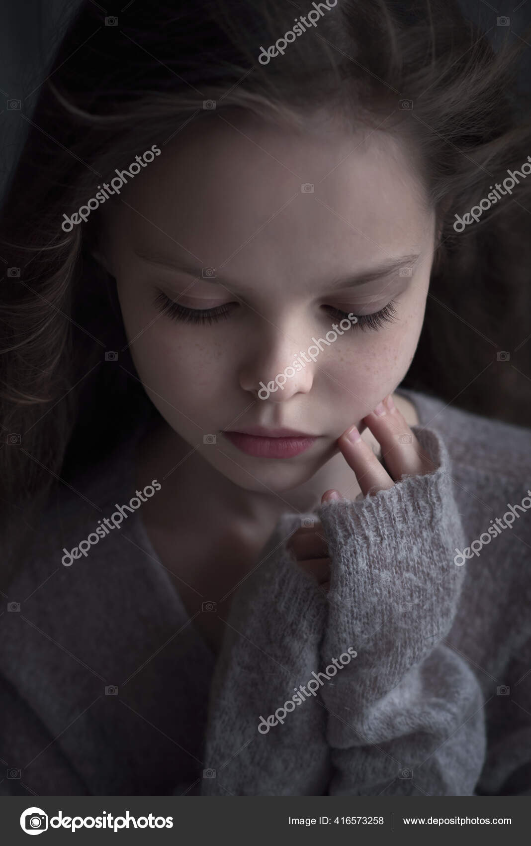 Sad Crying Girl Portrait Beautiful Little Child Facial Expression ...