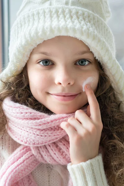 Cute Little Girl Applying Protecting Cream Her Face Winter Skin — Stock Photo, Image