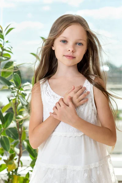 Portrait Beautiful Smiling Little Girl Long Healthy Hair Front Window — Stock Photo, Image