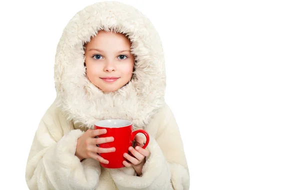 Glimlachend Meisje Winterkleren Met Een Rood Kopje Warme Drank Lichte — Stockfoto