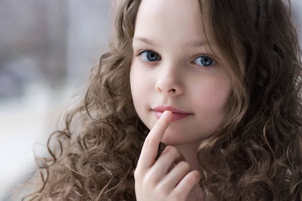 Portrait Beautiful Little Girl Applying Lipbalm Sunscreen Protection Pretty Kid — Stock Photo, Image