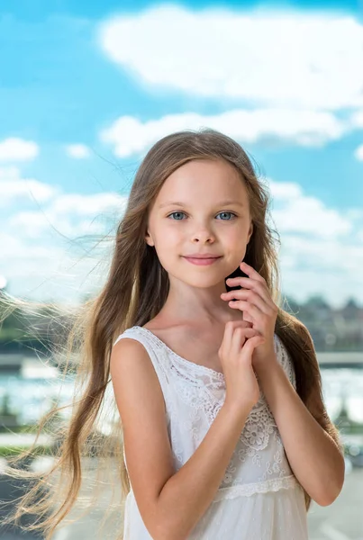 Portrait Beautiful Smiling Little Girl Long Healthy Hair Front Window — Stock Photo, Image