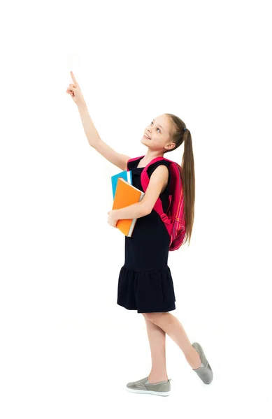 Boldog Aranyos Mosolygós Vidám Kislány Iskolai Egyenruhában Könyvekkel Kezében Iskoláslány — Stock Fotó