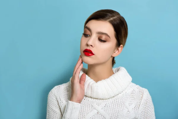 Portrait Beautiful Young Woman Perfect Young Skin Red Matt Lips — Stock Photo, Image