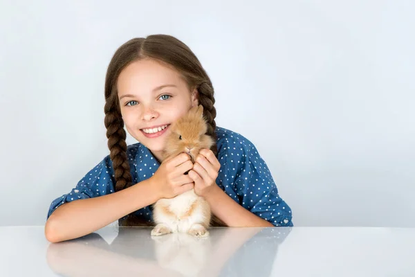 Happy Little Child Girl Cute Rabbit Portrait Kid Pet Light — Stock Photo, Image