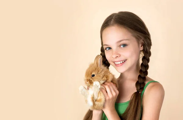 Happy Little Child Girl Cute Rabbit Portrait Kid Pet Light — Stock Photo, Image