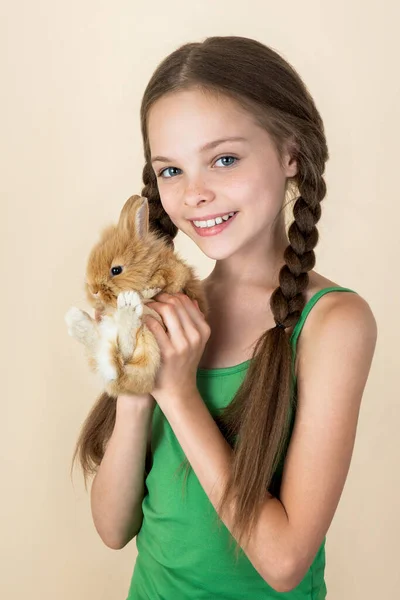 Happy Little Child Girl Cute Rabbit Portrait Kid Pet Light — Stock Photo, Image