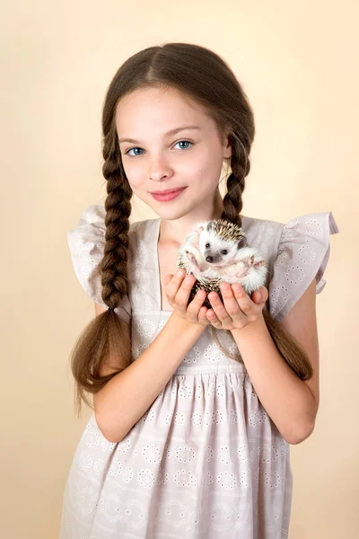 Ragazzina Felice Con Riccio Carino Ritratto Bambino Con Animale Domestico — Foto Stock